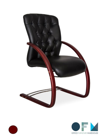 Adda Sleigh Base Deep Button Executive Visitor's Chair

Material: Genuine Leather
Colors Available: Black and Maroon
Base: Wooden sleigh base in Mahogany, Cherry, Maple, or Oak
Lead Time: 4 to 6 weeks (as product is manufactured)